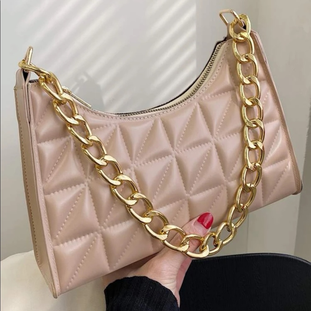 Nude baguette bag with gold chain